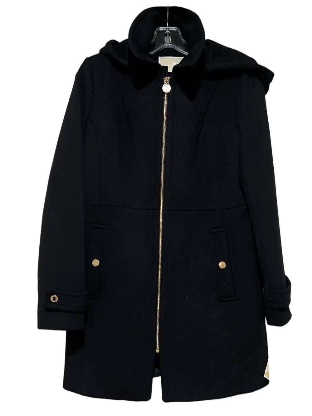 MICHAEL Michael Kors Black Hooded Zip-Front Pea Coat with Gold Hardware